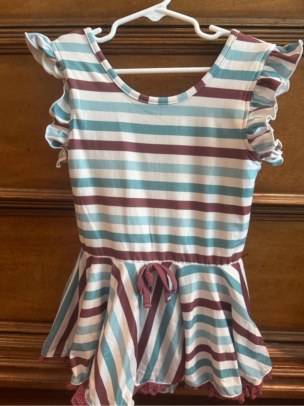 cheeky plum Striped Ruffle Sleeve Dance Leotard in White, Blue, Mauve
